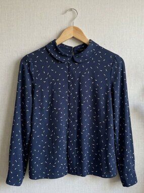 Zara Navy Blue Bird Print Blouse Peter Pan Collar Long Sleeve Top Size M